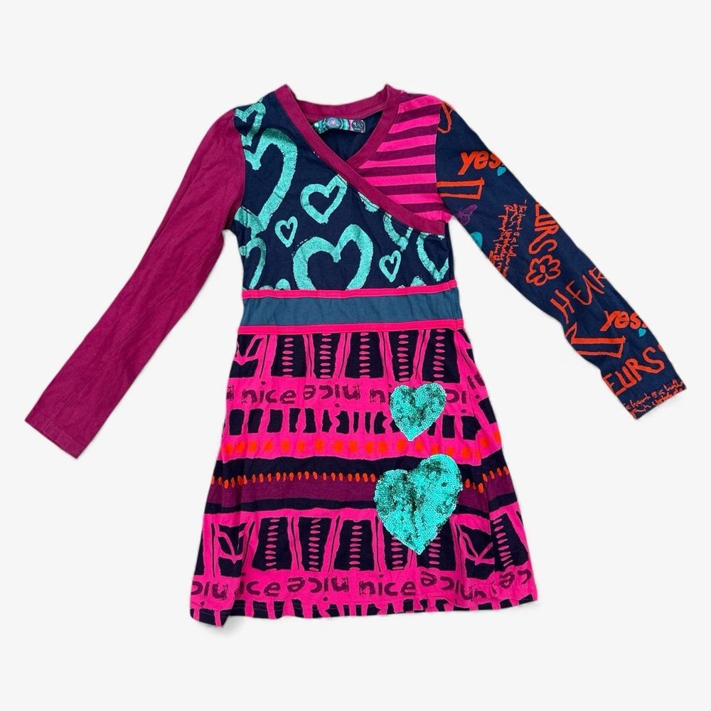 Desigual Girls Sequin Heart Long Sleeve Dress Size 9/10 Valentine’s Day